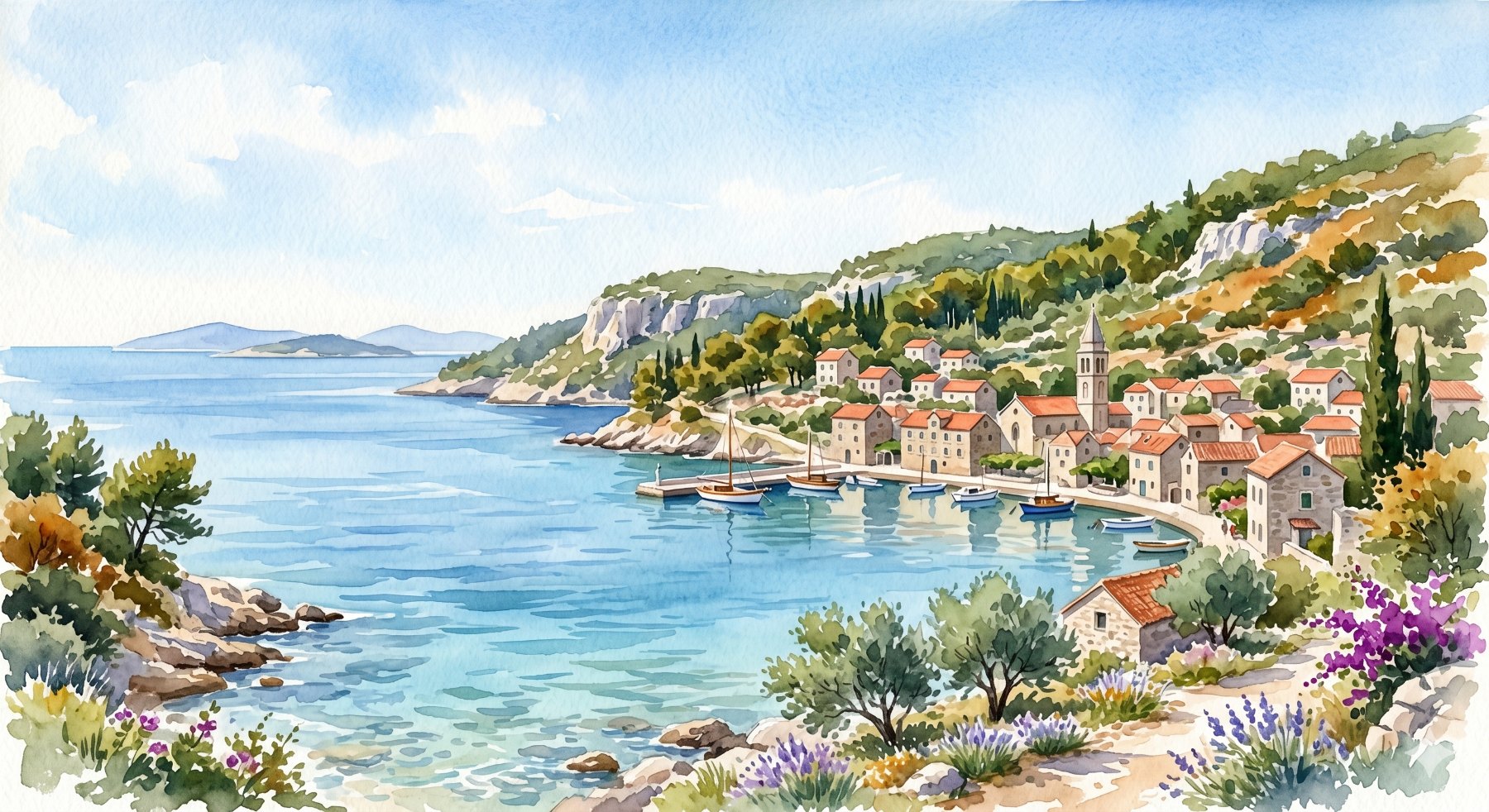 Watercolor painting of an Adriatic coastal village with a bell tower, terracotta roofs, sailboats in a turquoise harbour, pine-covered hills and lavender in the foreground
