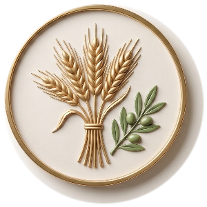 Gold wheat sheaf and olive branch emblem