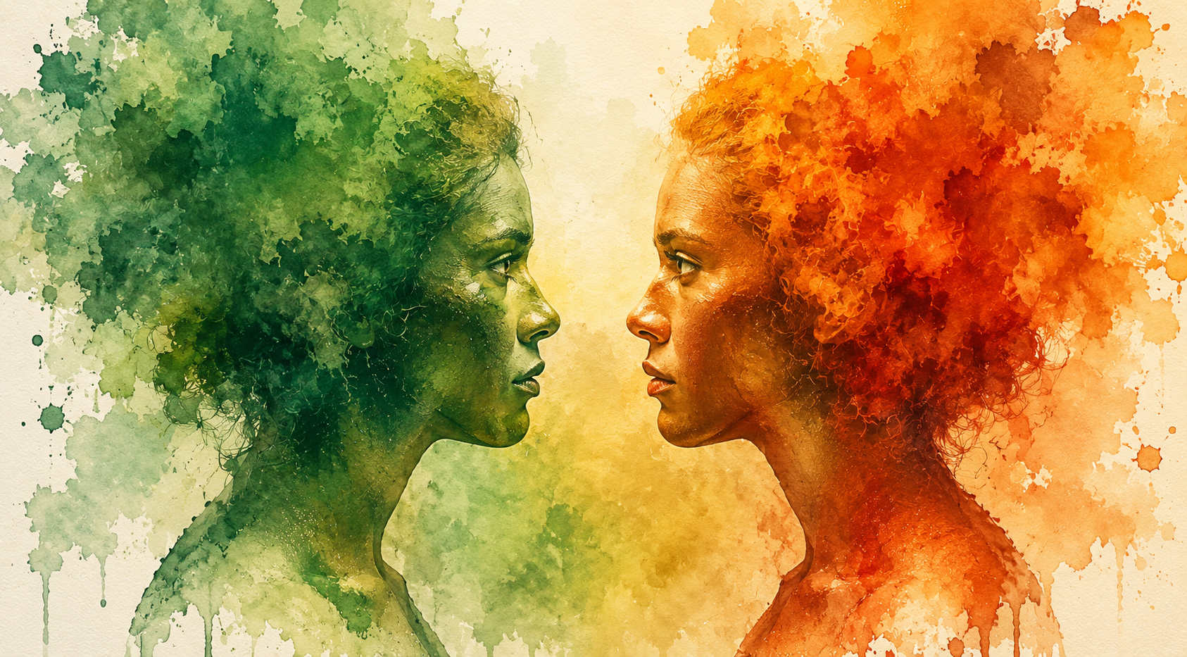 Watercolour of two women face to face, one painted in living greens, the other in warm sunset oranges