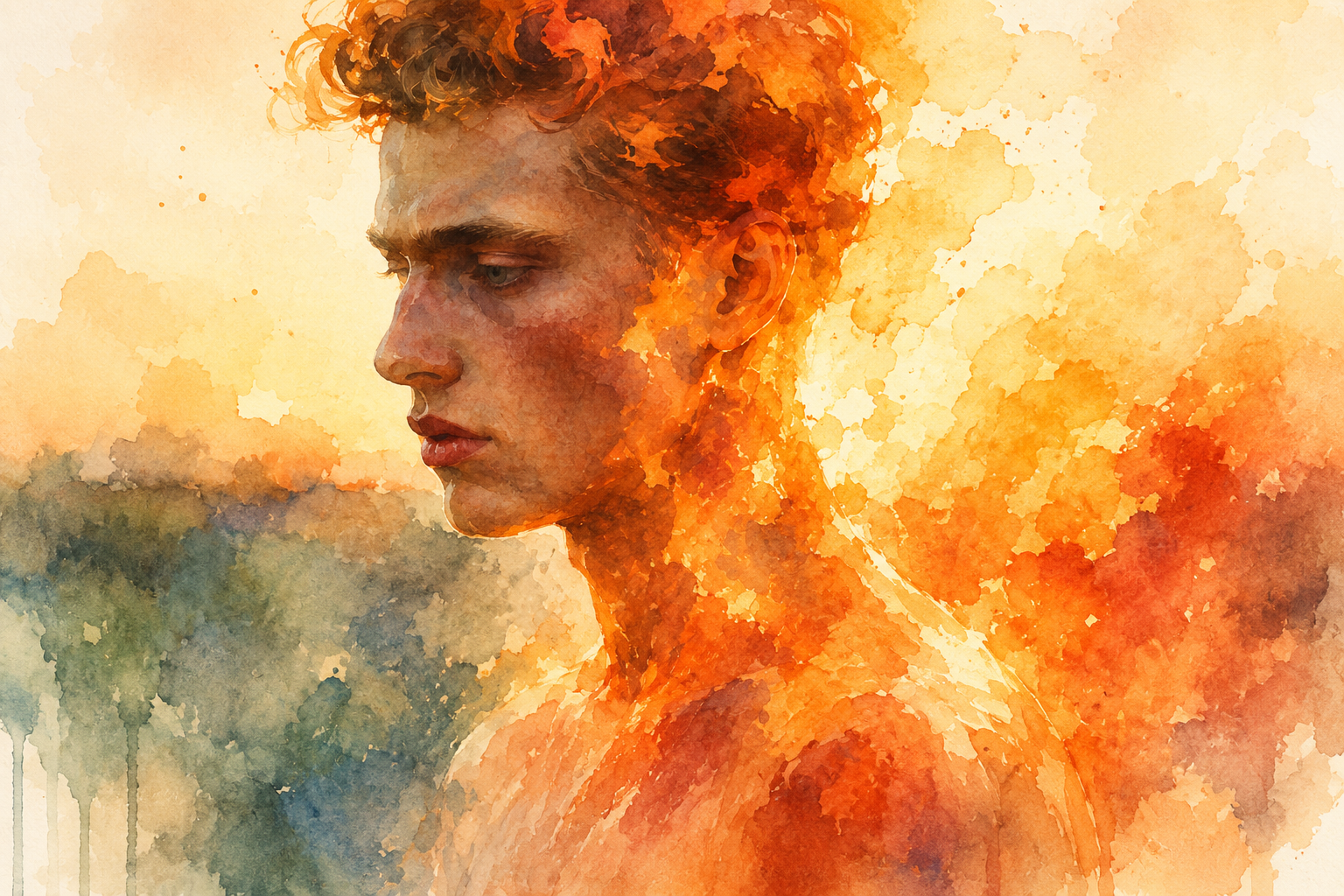 Watercolour portrait of a young man glowing in sunset oranges, his form dissolving into the warm living landscape
