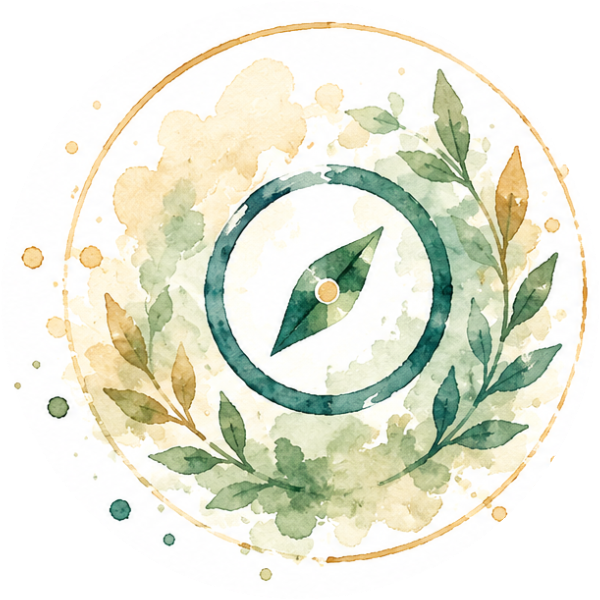 Watercolour compass ringed by leaves