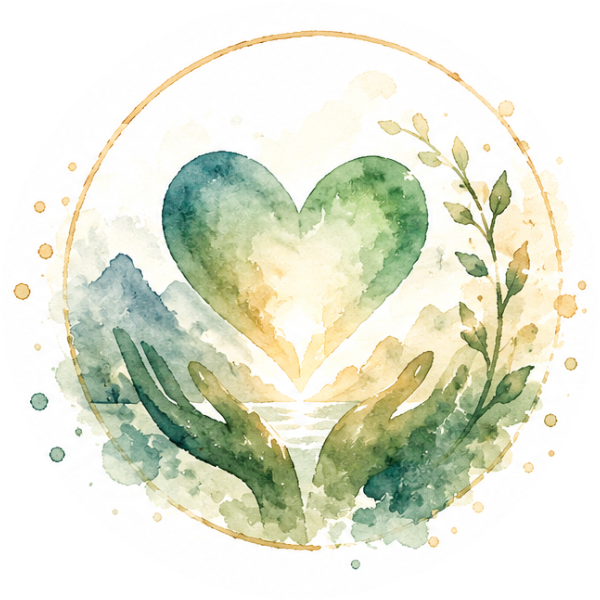 Watercolour heart held by two hands, ringed in gold