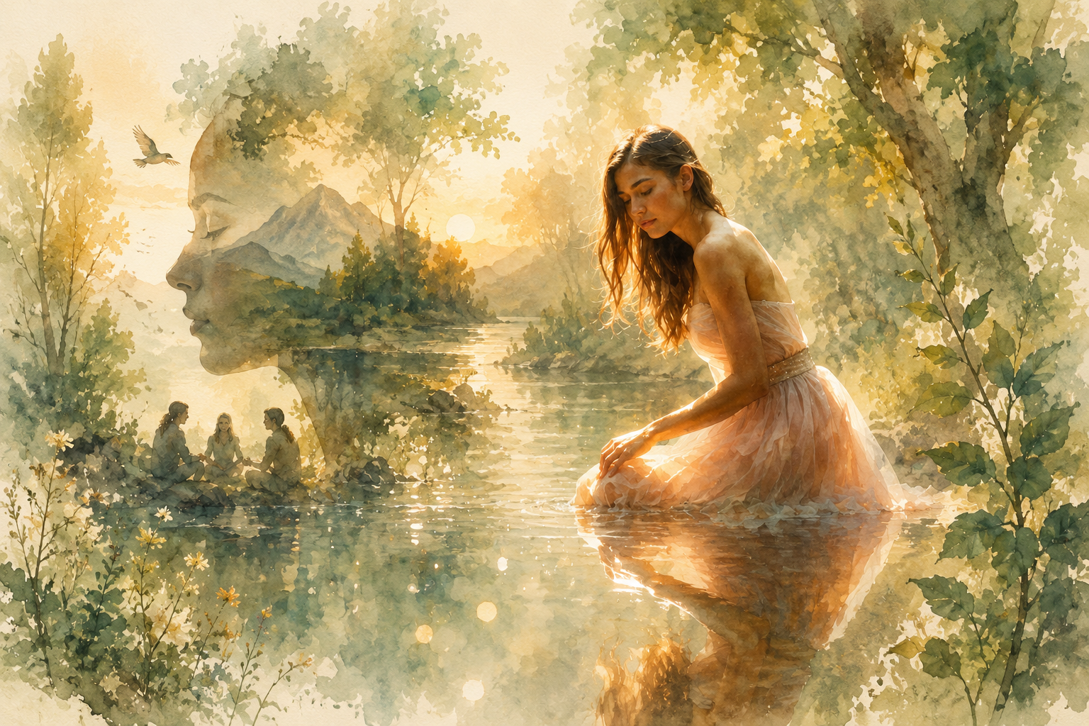 Watercolour of a woman kneeling in a forest river at golden hour, the landscape behind her rising into a serene face &mdash; nature as a living mirror