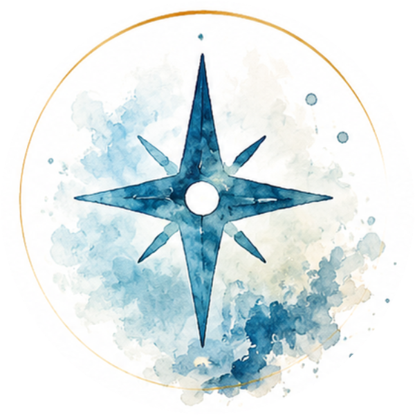 Watercolour compass star in blue washes