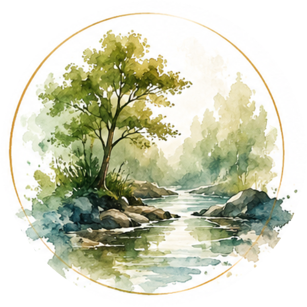 Watercolour river flowing past a green tree