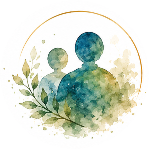 Watercolour figures side by side with a leafy sprig