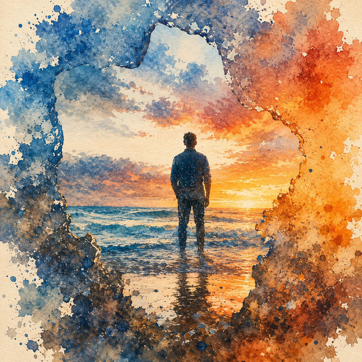 Watercolour of a man standing calm in the sea shallows at sunset, framed by blue and amber washes