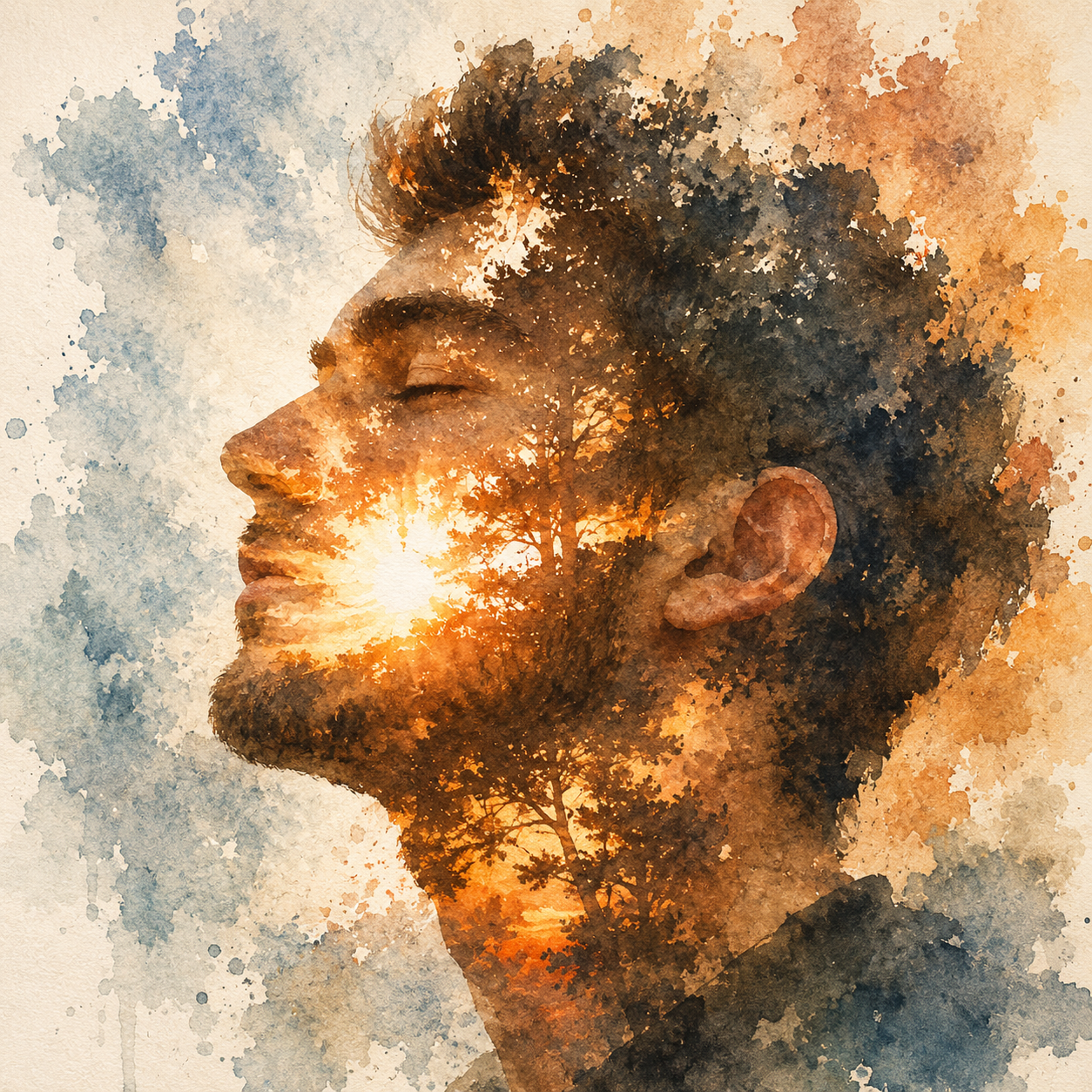 Watercolour profile of a man with eyes closed, sunlight and forest glowing within him