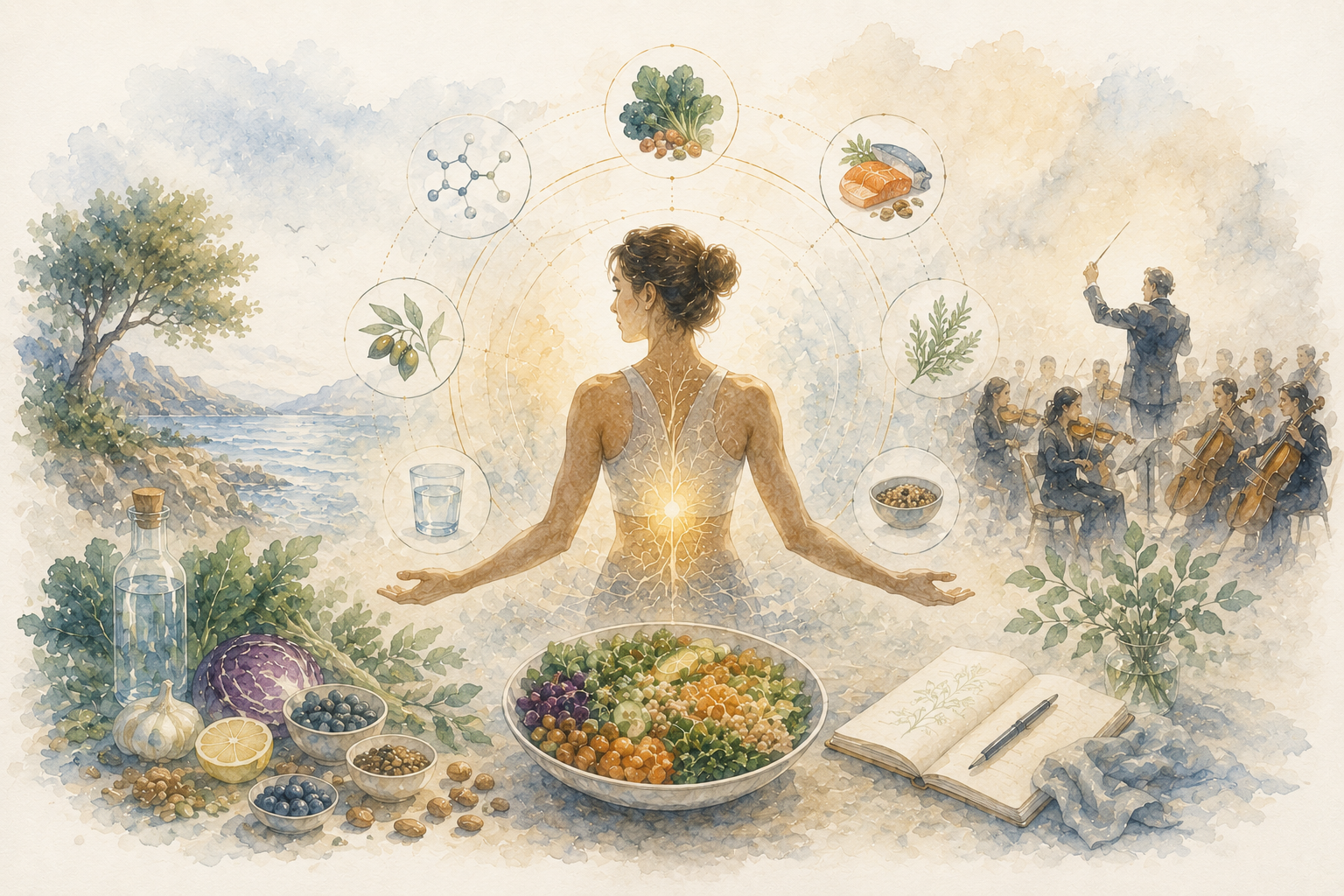 Watercolour of a woman seated in calm balance before a bowl of fresh food, encircled by orbiting symbols of nutrients, herbs, water and an orchestra