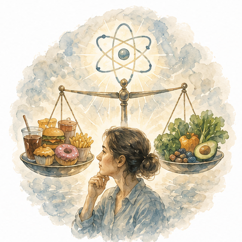 Watercolour: a balance scale weighing processed food against fresh vegetables beneath an atom, as a woman reflects