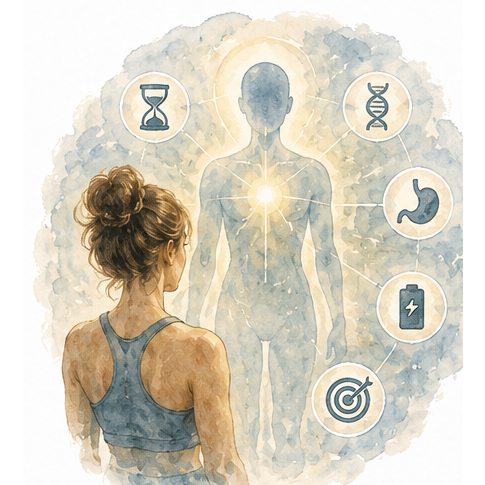 Watercolour: a woman facing a luminous body diagram ringed by symbols of time, DNA, digestion, energy and focus