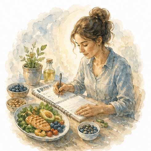 Watercolour: a woman writing a personalized meal plan beside a colourful plate of fish, vegetables and fruit
