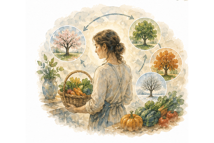 Watercolour: a woman holding a basket of harvest vegetables, encircled by the four seasons
