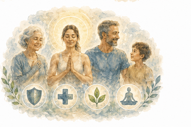 Watercolour: a multigenerational family at peace, framed by symbols of protection, care, plants and calm