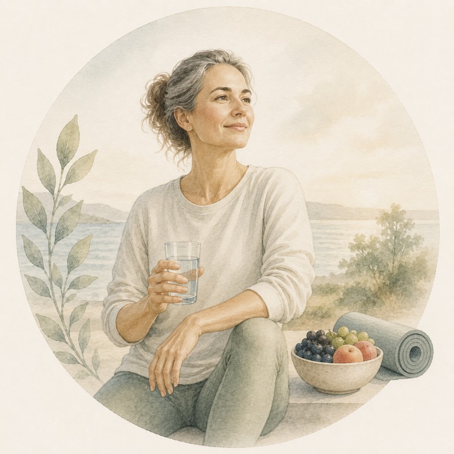 Watercolour of a serene mature woman by the sea holding a glass of water, with a bowl of fresh fruit and a rolled yoga mat beside her
