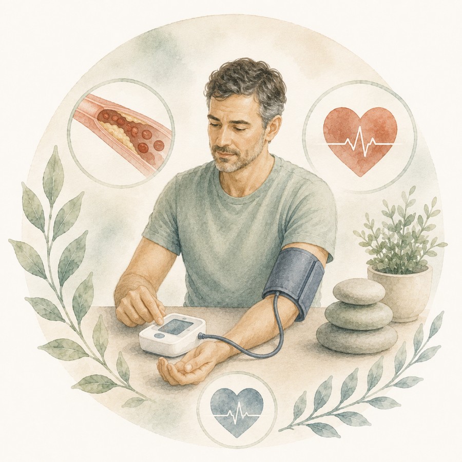 Watercolour of a man measuring his blood pressure with an arm cuff, framed by a cholesterol-narrowed artery, a heart with a pulse line and calming stones