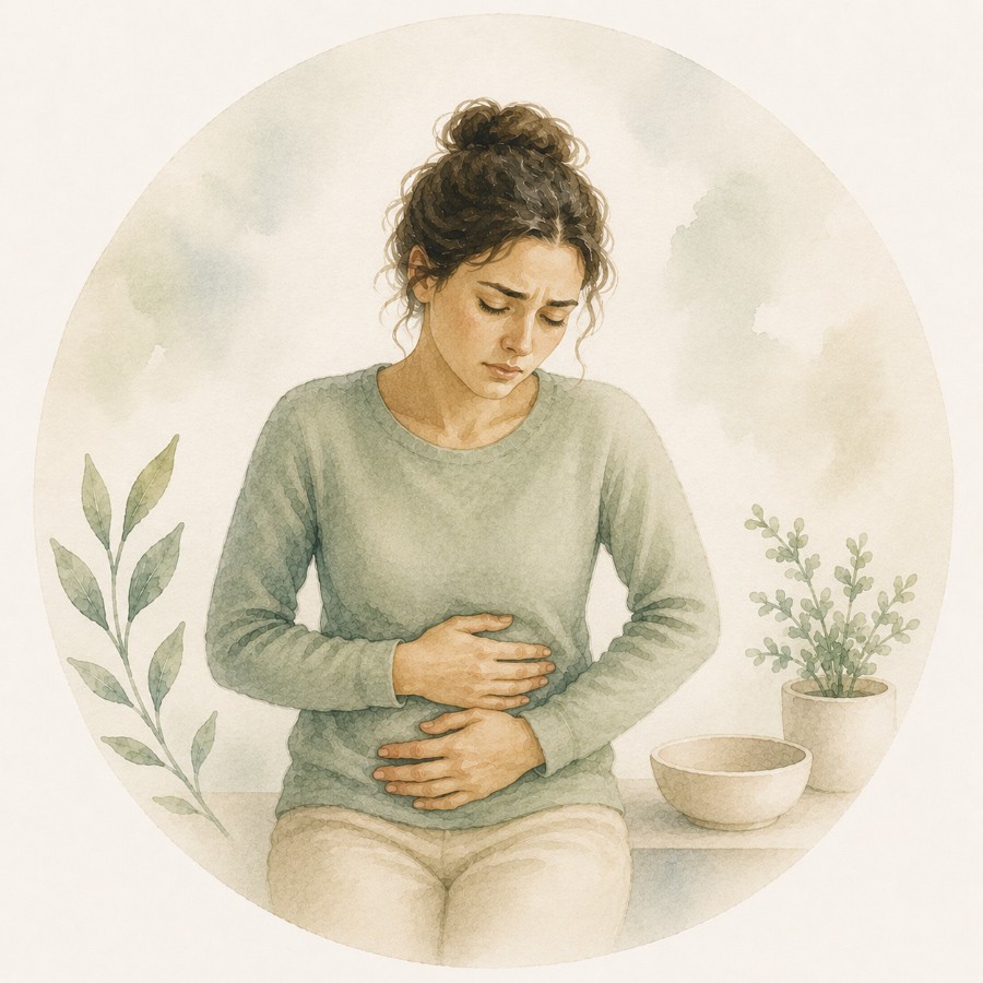 Watercolour of a woman seated with both hands resting gently on her stomach, eyes closed, beside a soft plant, a bowl and a leafy sprig