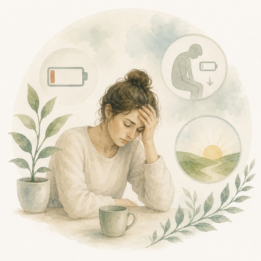 Watercolour of a tired woman resting her head on her hand at a table with a mug, beside a low-battery symbol and a sunrise over green hills