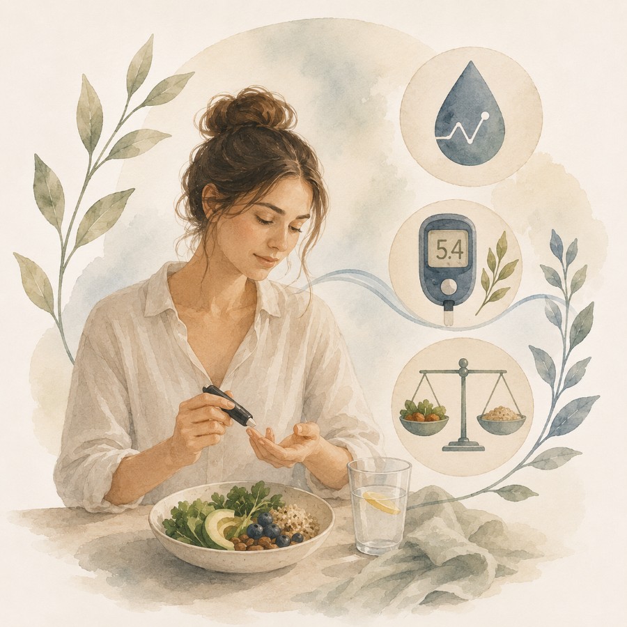 Watercolour of a woman checking her blood sugar with a glucose meter reading 5.4, beside a balanced bowl of greens, grains and berries and a glass of water