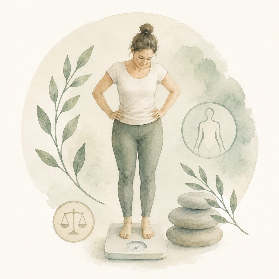 Watercolour of a woman on a bathroom scale, hands on hips, among soft leaves, a balance-scale icon and stacked calming stones